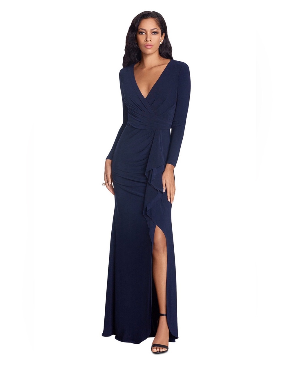 Betsy & Adam Navy Cascade Ruffle Long Sleeve Gown